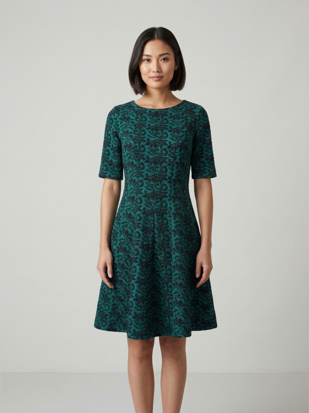 Danny & Nicole Teal and Black Damask Fit-and-Flare Dress